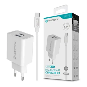Carregador Dual USB com Cabo Type-C NovoTeck - Branco
