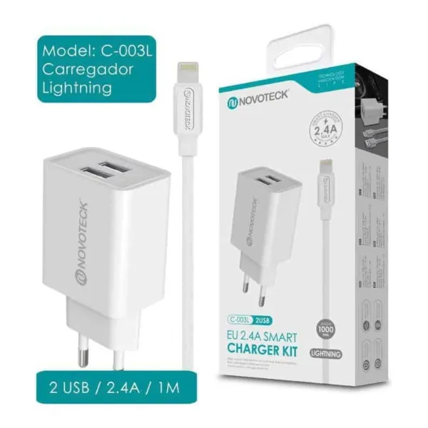 Carregador-2-USB-Lighting-iPhone-2_4A-Branco-C-003L-NovoTeck_0-1.jpg Carregador Dual USB com Cabo Lightning (C-003L NovoTeck - Branco) iPhone 5/6/7/8/SE