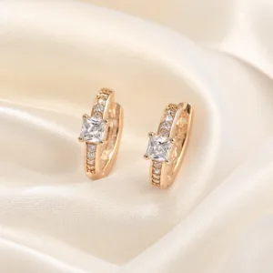 Brincos dourados rosa modelo B com cristal quadrado