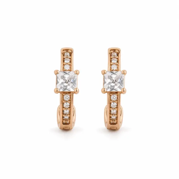Brincos dourados rosa modelo B com cristal quadrado