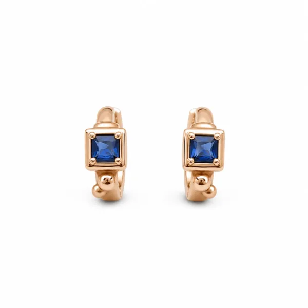 Brincos dourados rosa modelo C com cristal quadrado azul