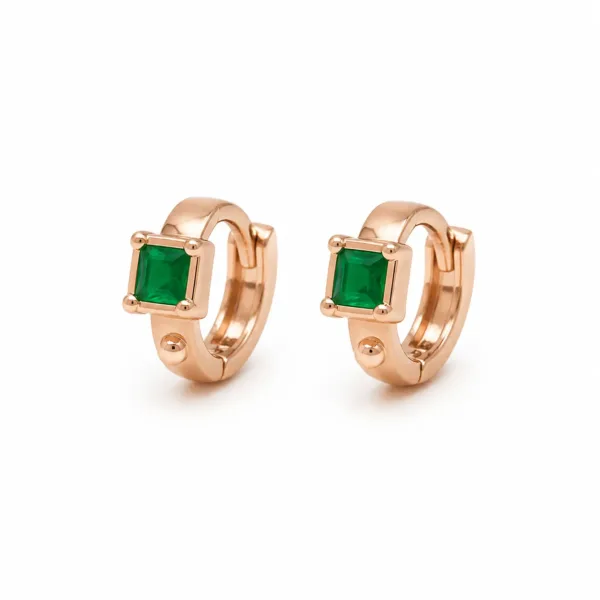 Brincos dourados rosa modelo D com cristal quadrado verde