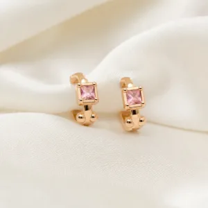 Brincos dourados rosa modelo E com cristal quadrado rosa