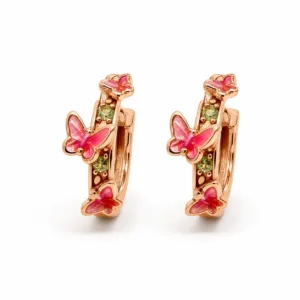 Brincos dourados rosa modelo A com borboletas vermelhas e rosa