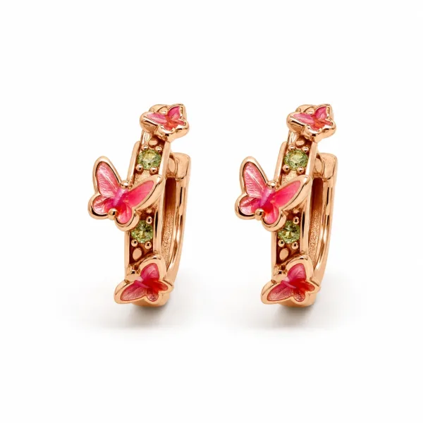 Brincos dourados rosa modelo A com borboletas vermelhas e rosa