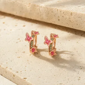 Brincos dourados rosa modelo A com borboletas vermelhas e rosa