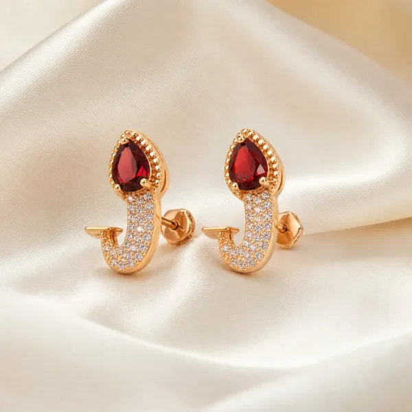 Brincos dourados rosa com cristal gota cristal vermelho