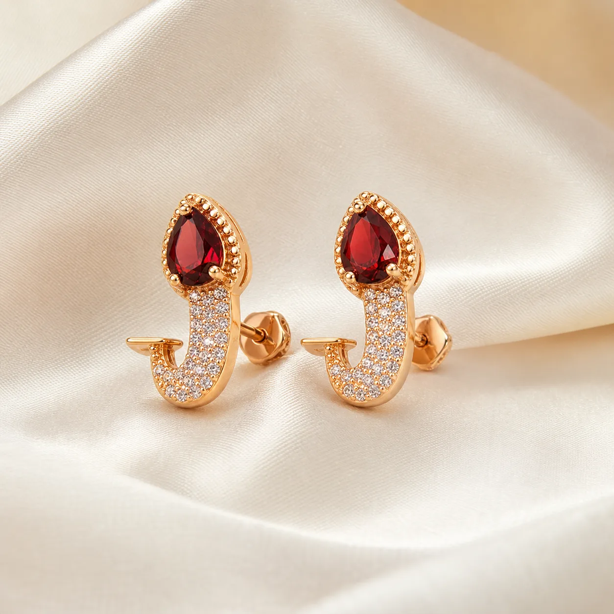 Brincos dourados rosa com cristal gota cristal vermelho