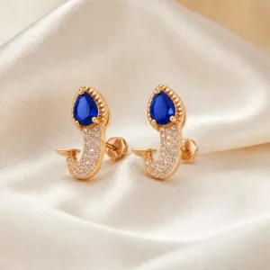 Brincos dourados rosa com cristal gota cristal azul