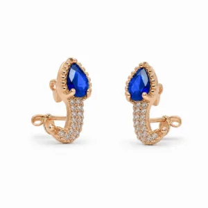 Brincos dourados rosa com cristal gota cristal azul