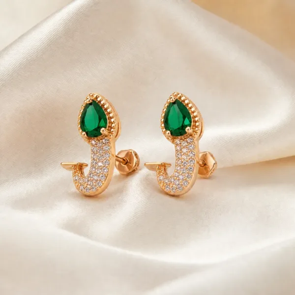 Brincos dourados rosa com cristal gota cristal verde