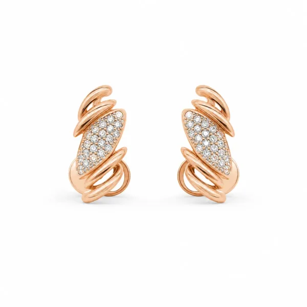 Brincos dourados rosa com folha pavé e aros cruzados