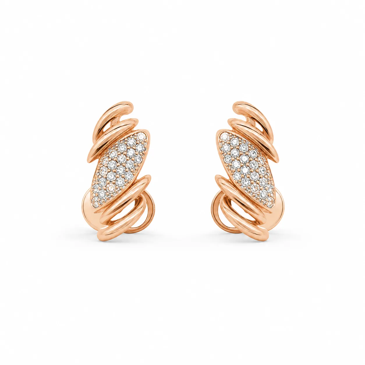 Brincos dourados rosa com folha pavé e aros cruzados