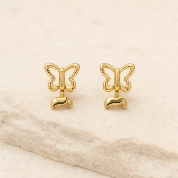 Brincos fashion dourados borboleta com pendente curvo
