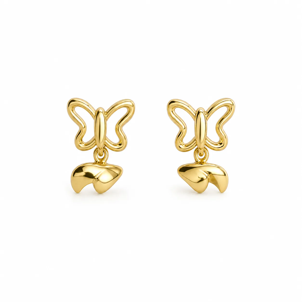 Brincos fashion dourados borboleta com pendente curvo