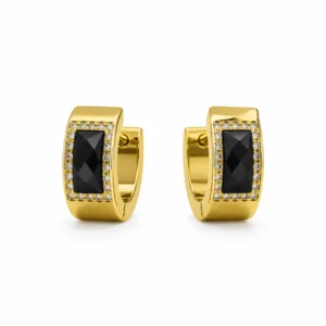 Brincos dourados com cristal preto retangular