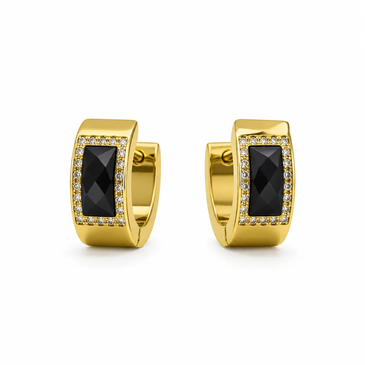 Brincos dourados com cristal preto retangular