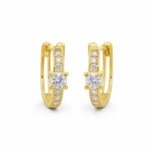 brincos dourados de argola dupla com cristal em fundo branco
