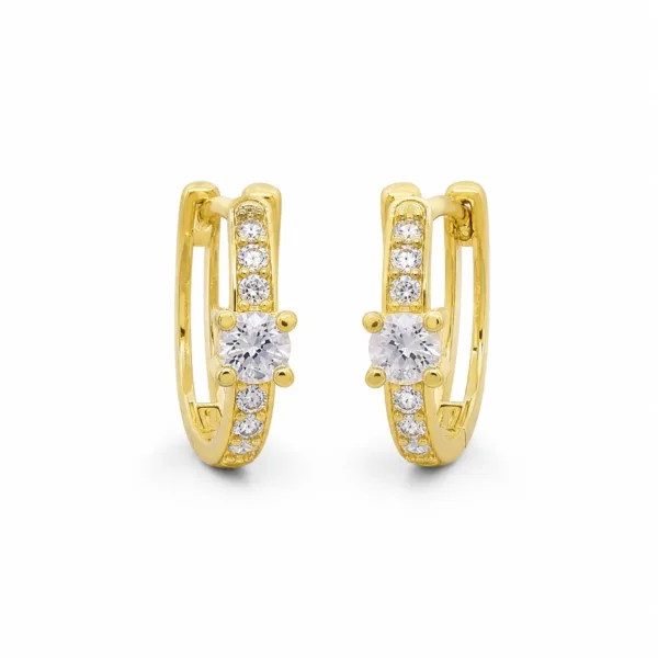 brincos dourados de argola dupla com cristal em fundo branco