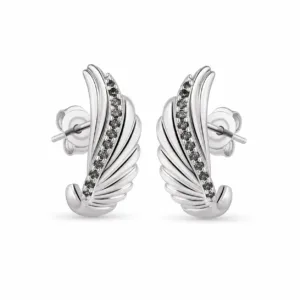 brincos prateados de moda em asa com cristais escuros em fundo branco, referência 85372-1