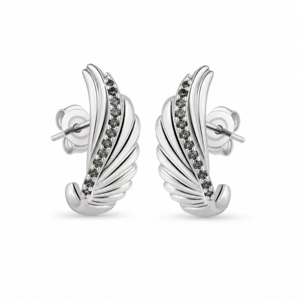 brincos prateados de moda em asa com cristais escuros em fundo branco, referência 85372-1