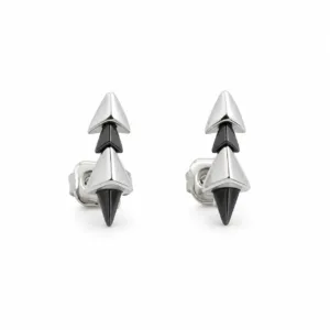 brincos prateados geométricos com pontas pretas em fundo branco, referência 85372-8