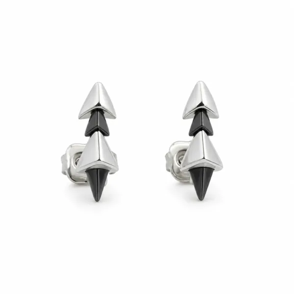 brincos prateados geométricos com pontas pretas em fundo branco, referência 85372-8