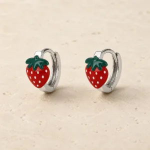 brincos prateados de moda com morango vermelho em pedra clara, referência 85373-1
