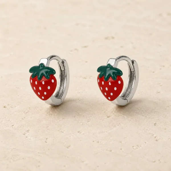brincos prateados de moda com morango vermelho em pedra clara, referência 85373-1