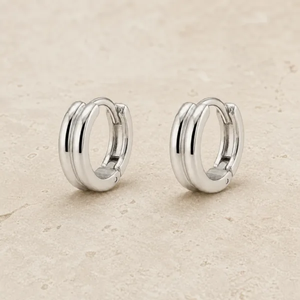 brincos prateados de moda em argola dupla minimalista em pedra clara, referência 85373-4