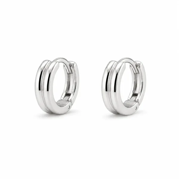 brincos prateados de moda em argola dupla minimalista em fundo branco, referência 85373-4