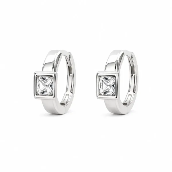 85374-1-white brincos prateados com cristais em corte quadrado em fundo branco, referência 85374-1