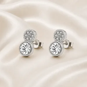 brincos prateados fashion com dois círculos de cristais em cetim marfim, referência 85374-13