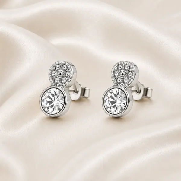 brincos prateados fashion com dois círculos de cristais em cetim marfim, referência 85374-13