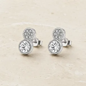 brincos prateados fashion com dois círculos de cristais em pedra clara, referência 85374-13