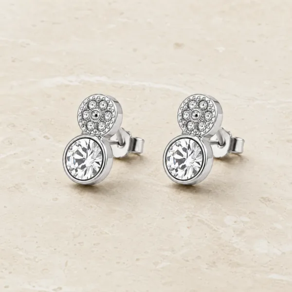 brincos prateados fashion com dois círculos de cristais em pedra clara, referência 85374-13