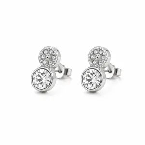 brincos prateados fashion com dois círculos de cristais em fundo branco, referência 85374-13