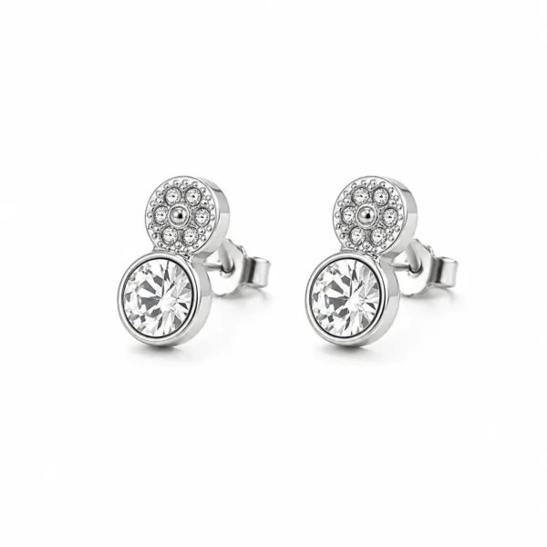 brincos prateados fashion com dois círculos de cristais em fundo branco, referência 85374-13
