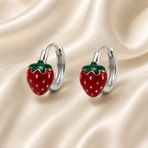 brincos prateados fashion com morango vermelho em cetim marfim, referência 85374-14