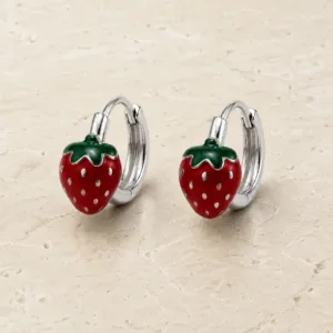 brincos prateados fashion com morango vermelho em pedra clara, referência 85374-14