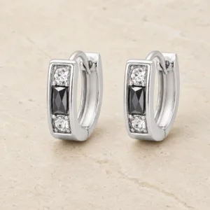 brincos prateados fashion geométricos preto e cristal em pedra clara, referência 85374-15