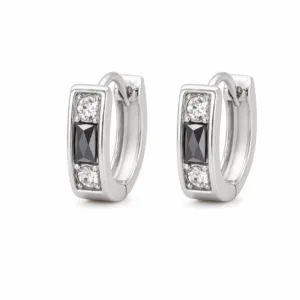 brincos prateados fashion geométricos preto e cristal em fundo branco, referência 85374-15