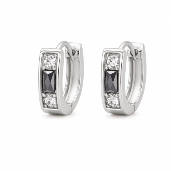 brincos prateados fashion geométricos preto e cristal em fundo branco, referência 85374-15