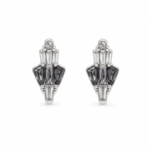 brincos prateados sofisticados geométricos bicolores em fundo branco, referência 85374-20