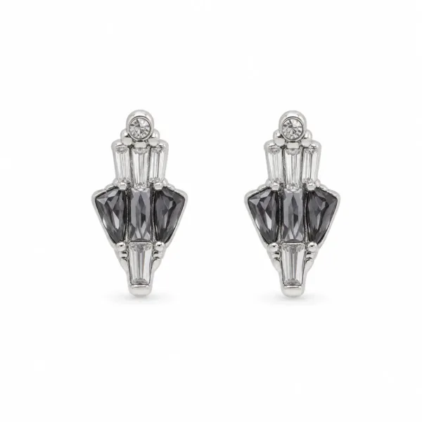 brincos prateados sofisticados geométricos bicolores em fundo branco, referência 85374-20