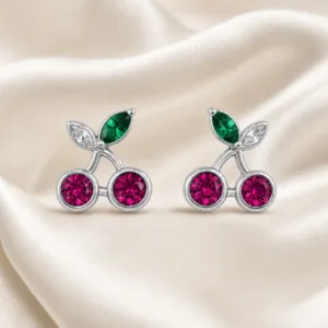brincos prateados criativos de cerejas rosa e folhas verdes em cetim marfim, referência 85374-21