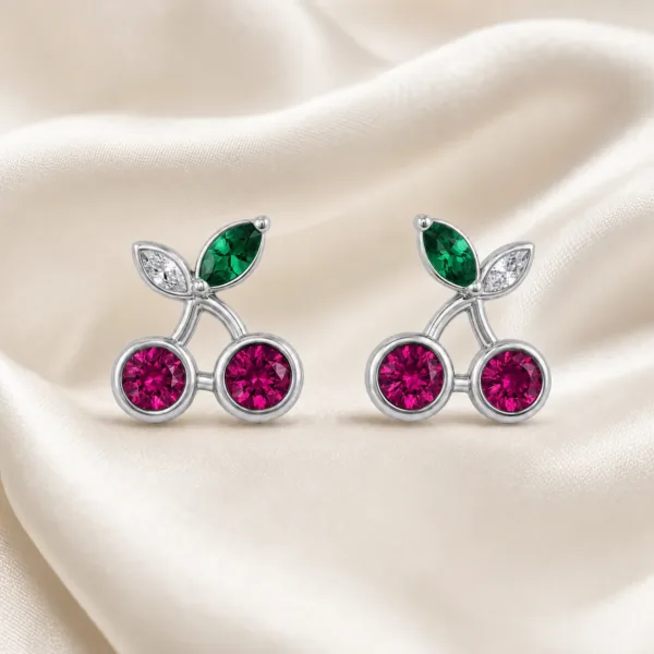 brincos prateados criativos de cerejas rosa e folhas verdes em cetim marfim, referência 85374-21