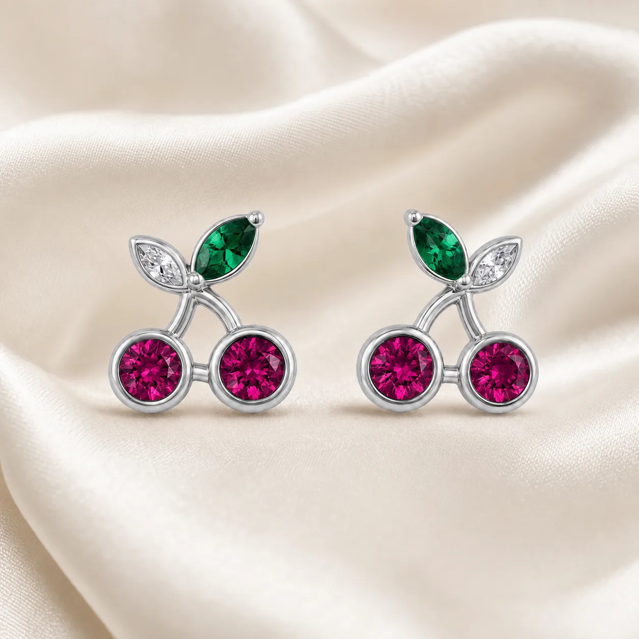brincos prateados criativos de cerejas rosa e folhas verdes em cetim marfim, referência 85374-21