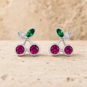 brincos prateados criativos de cerejas rosa e folhas verdes em pedra clara, referência 85374-21