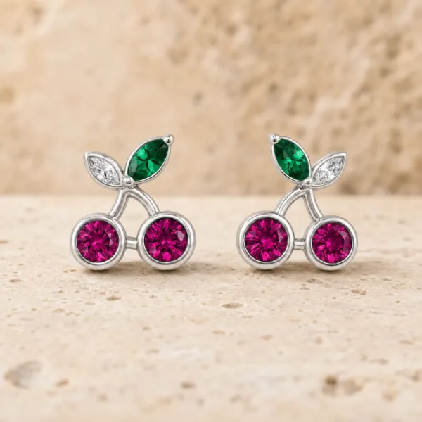 brincos prateados criativos de cerejas rosa e folhas verdes em pedra clara, referência 85374-21
